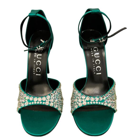 GUCCI Women's Satin High Heel Sandals with Crystals Size 37.5 US 7.5 Green New - Picture 13 of 16